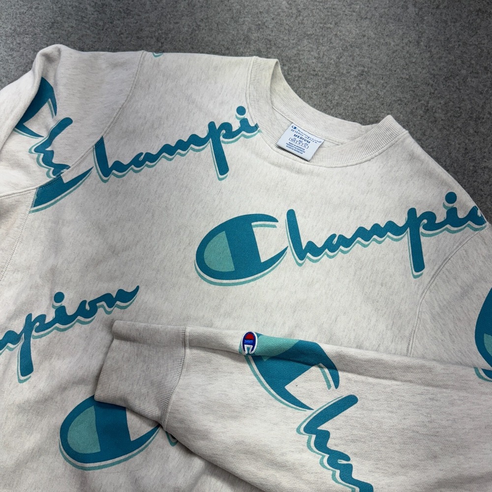 Champion Reverse Weave Sweatshirt Medium Gray Blue Logo All Over Print Crew
